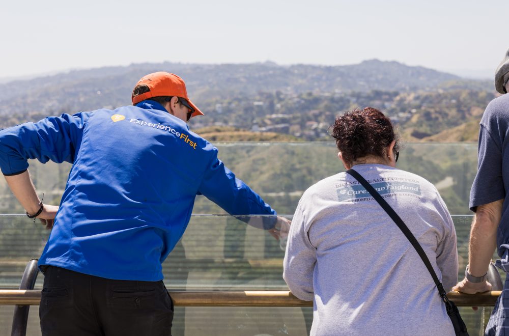 Tour guide explaining scenery outside of Griffith Observatory