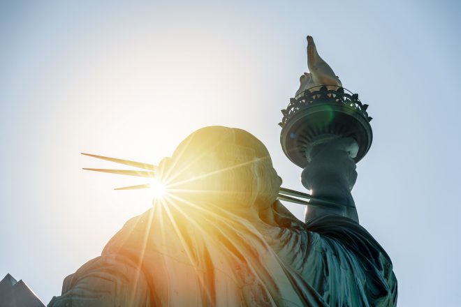 Statue of liberty at sunset
