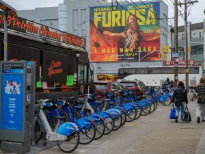 Street view of bikes in Brooklyn, Bronx, Queens Bus Tour