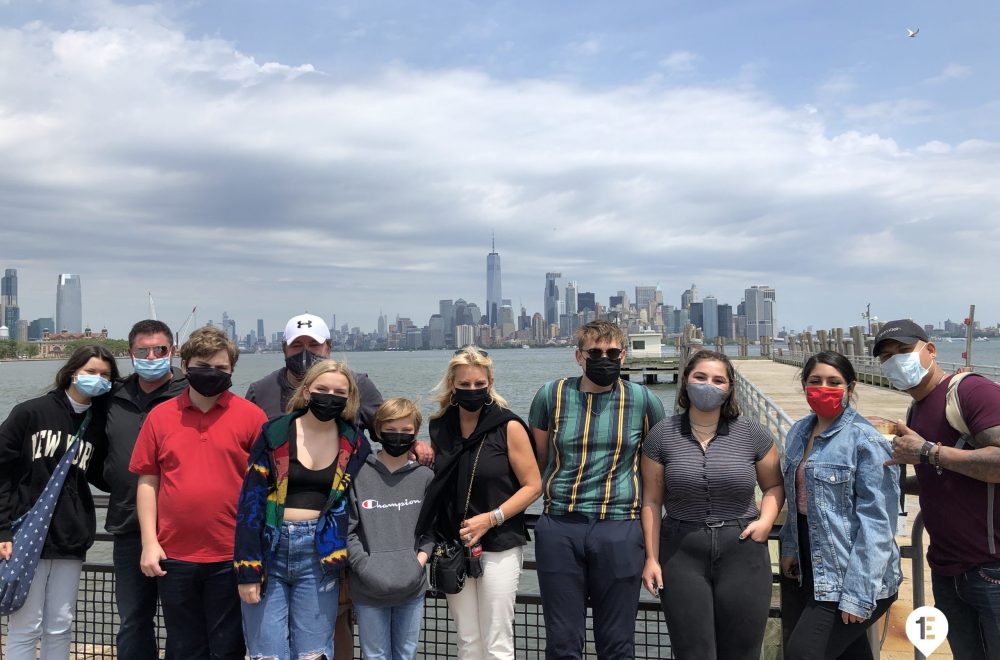 Tour group in front of the NYC skyline