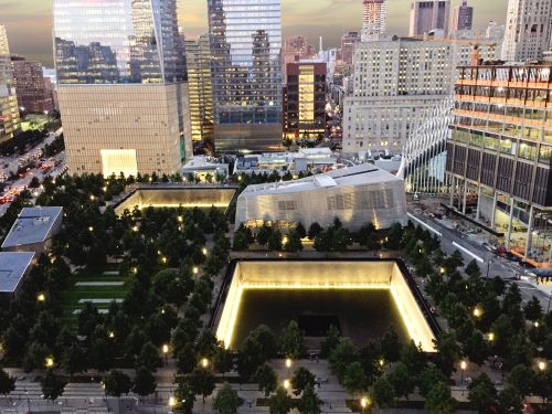 9/11 Memorial & Museum Lit Up with Gold Beams of Light