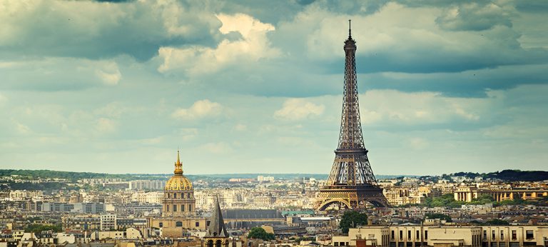 View of Eiffel Tower and rooftops of Paris