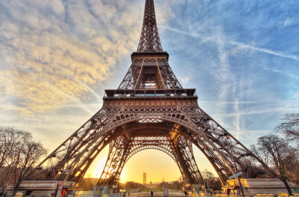 Wide shot of Eiffel Tower with dramatic sky, Paris, France