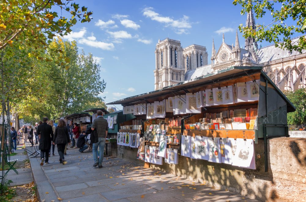 Bookseller’s boxes along the Seine in Paris, France