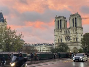 Notre Dame red sky street cars