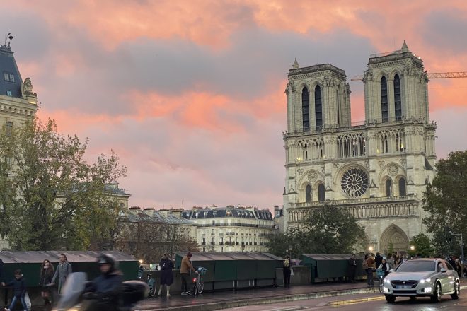 Notre Dame red sky street cars