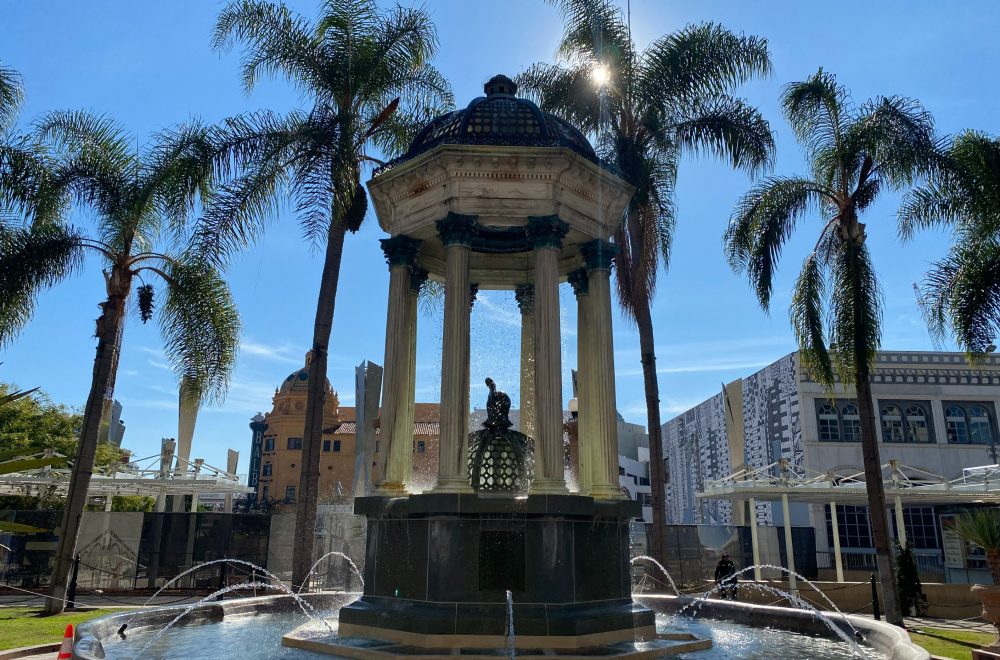 Horton Plaza Park with old hitching post