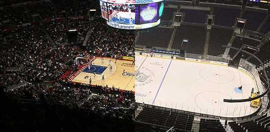 Split Photo of a basketball court and hockey arena
