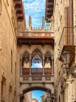 Carrer del Bisbe in Barcelona Gothic quarter, Spain