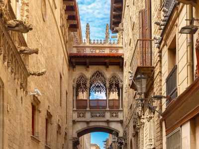 Carrer del Bisbe in Barcelona Gothic quarter, Spain