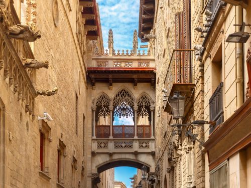 Carrer del Bisbe in Barcelona Gothic quarter, Spain