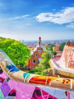Barcelona, Spain. Gorgeous colorful view of Park Guell - the creation of great architect Antonio Gaudi. UNESCO world heritage site.