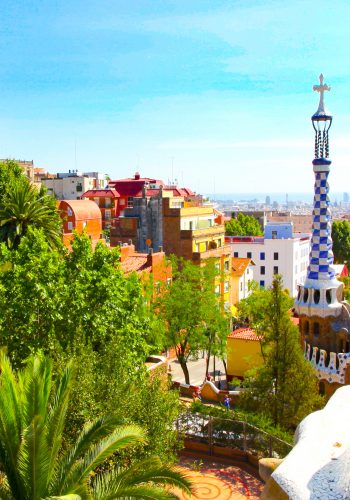 The Famous Summer Park Guell over bright blue sky