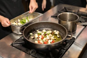 Meal cooking in pan over the stove during cooking class in Barcelona