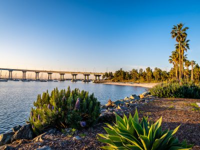Sunrise and the San Diego skyline from Coronado Island