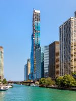 Chicago Riverwalk with Magnificent Mile architecture in background