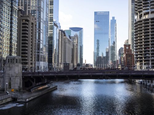 Landscape shot of Chicago River and skyscrapers during Chicago Food and Culture Tour