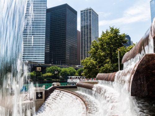 The Centenial Fountain With Downtown Skyline in Chicago