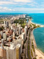 Cityscape of Chicago and Lake Michigan from the 360 Chicago observation deck, an upgrade with the Magnificent Mile walking tour