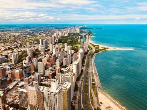 Cityscape of Chicago and Lake Michigan from the 360 Chicago observation deck, an upgrade with the Magnificent Mile walking tour
