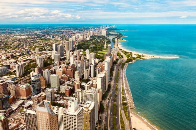Cityscape of Chicago and Lake Michigan from the 360 Chicago observation deck, an upgrade with the Magnificent Mile walking tour