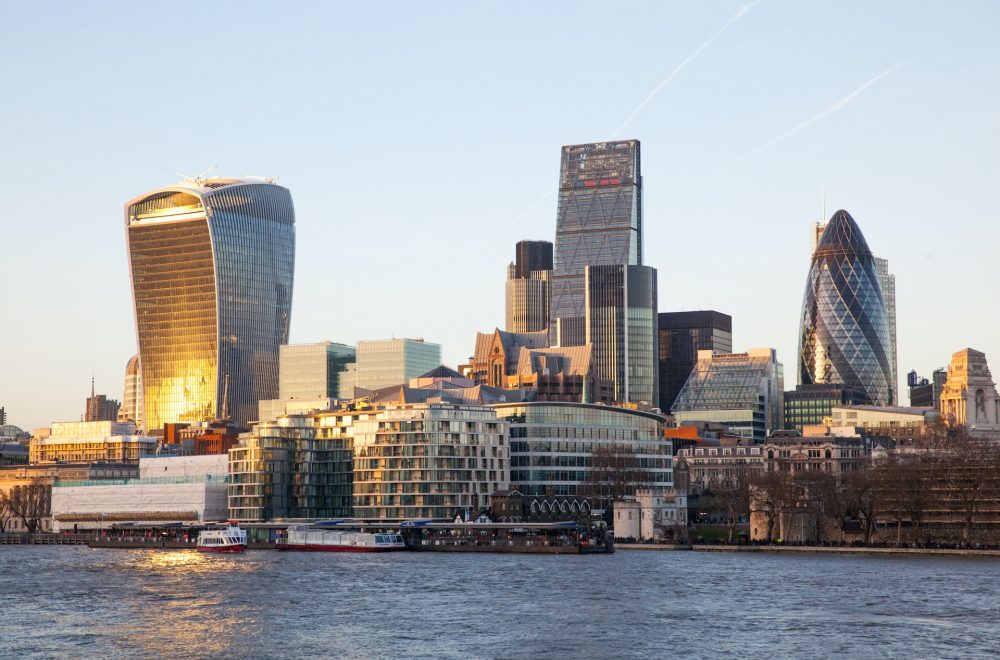 View of the Gherkin and Leadenhall Building from Thames River