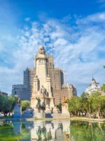 Cityscape with monument to Cervantes on Plaza de Espana seen in Highlights of Madrid walking tour