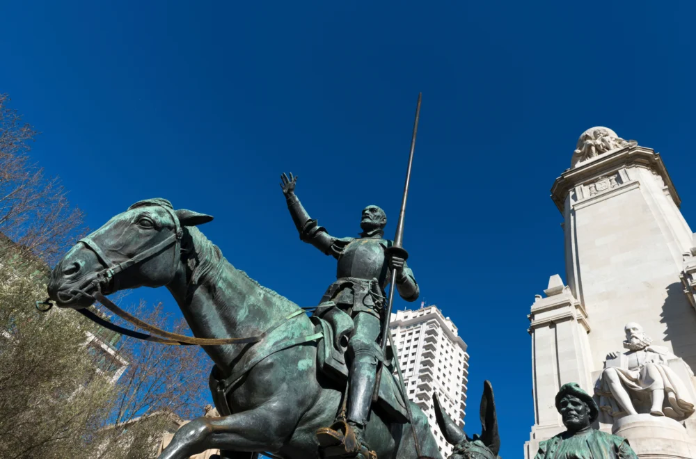 Close up of tribute to Cervantes, monument in Madrid Spain