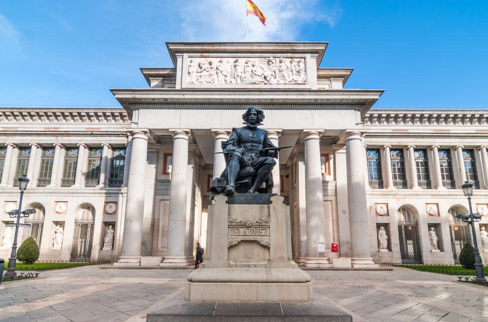 Clear sky and warm day for a visit to The Prado Museum.  Front entrance and terrace to the Museo del Prado, Spanish national art museum, located in central Madrid.