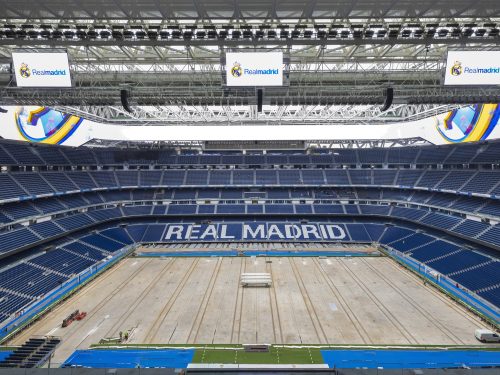 Panoramic shot of interior of Real Madrid Stadium