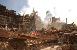 An American flag among the wreckage of 9/11