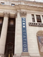 Low shot of Penn Station entrance in NYC