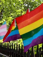View of pride flags in Greenwich Village in NYC