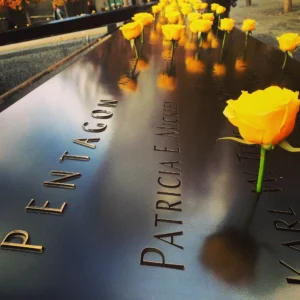 Yellow roses at 9/11 Memorial pools during 9/11 Insider guided tour