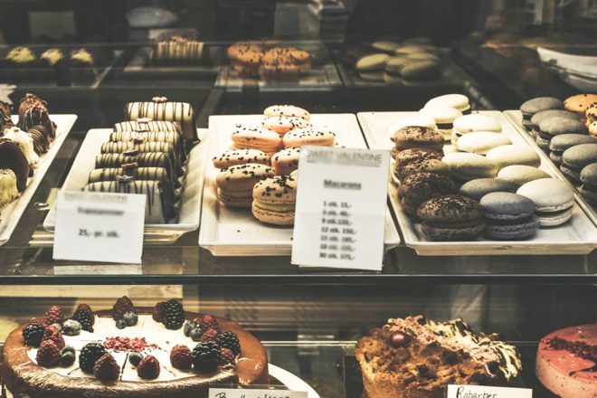 chocolate-cookies-and-pastries-in-a-pastry-display-case