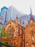 Sunny low shot of Holy Trinity Church in NYC Bus Tour