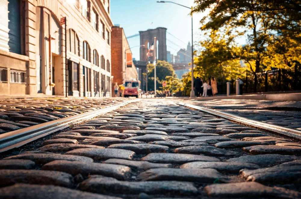 Sunny street view of Dumbo, Brooklyn