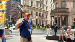Focused shot of tour guide during the Wall Street Insider Tour in New York City