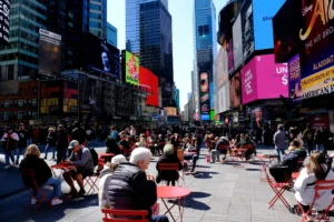 People seated on a sunny day in Times Square NYC