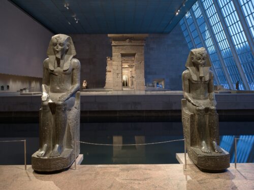 Two statues of Amenhotep III in the Temple of Dendur in the Met NYC