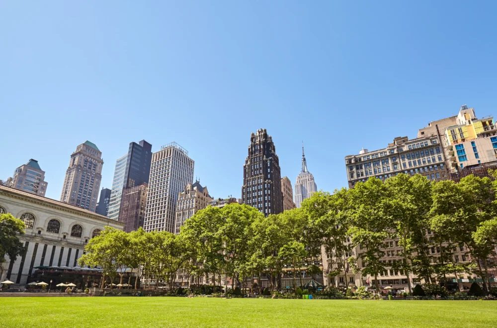 New York City skyline on a sunny summer day seen from the Bryant Park