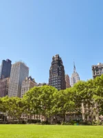 New York City skyline on a sunny summer day seen from the Bryant Park