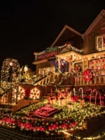 decorated house with holiday lights during Dyker Heights Christmas lights tour in NYC