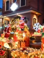 Dyker Heights Christmas decor featuring Mickey Mouse as Santa Claus