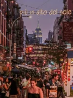 A group of people walking down Little Italy in New York City
