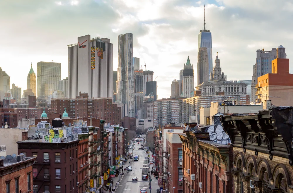 Panoramic view of the crowded buildings of the Manhattan skyline at sunset