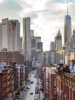 Panoramic view of the crowded buildings of the Manhattan skyline at sunset
