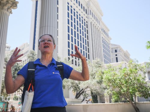 Guide outdoors speaking during Mid-Strip Tour in Las Vegas