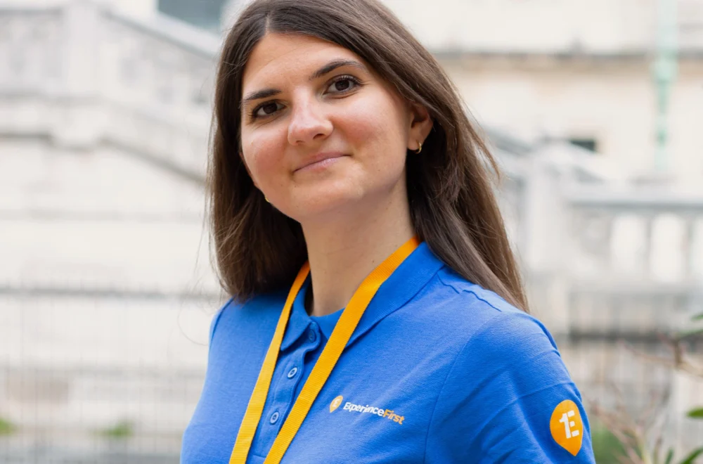 Tour guide portrait during guided tour in Paris France