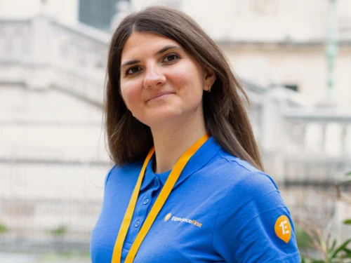 Tour guide portrait during guided tour in Paris France